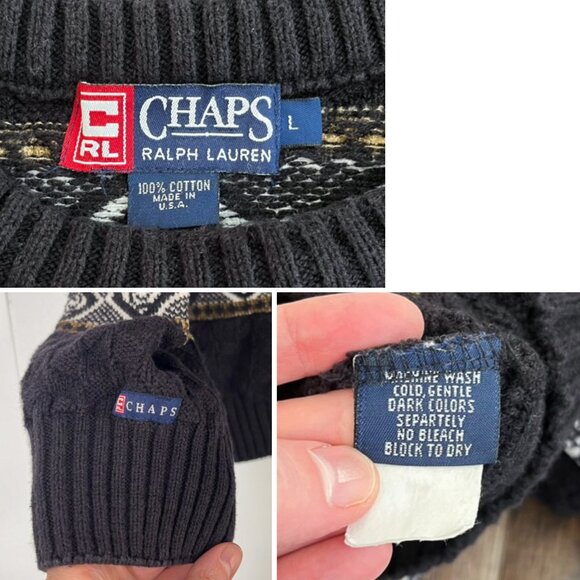 VTG CHAPS Ralph Lauren Chunky Sweater Crewneck Western Aztec USA Made Size Large - Picture 10 of 16